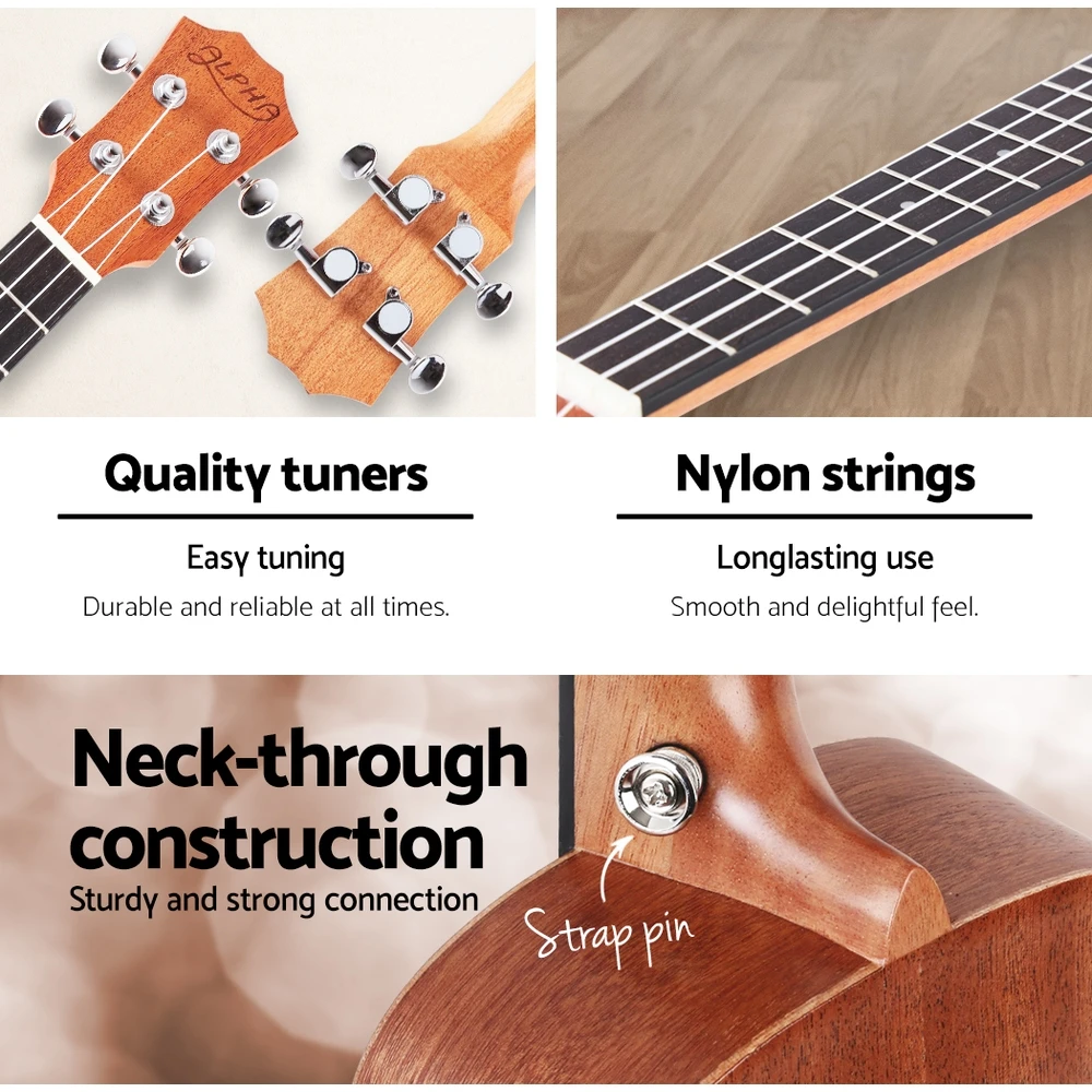 ALPHA Concert Ukulele has quality tuners, long lasting nylon strings, neck-through constructions with strap pin