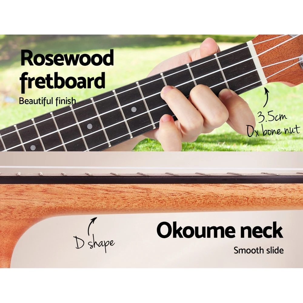 ALPHA Concert Ukulele has beautiful finish Rosewood fretboard and smooth slide D-shape Okoume neck