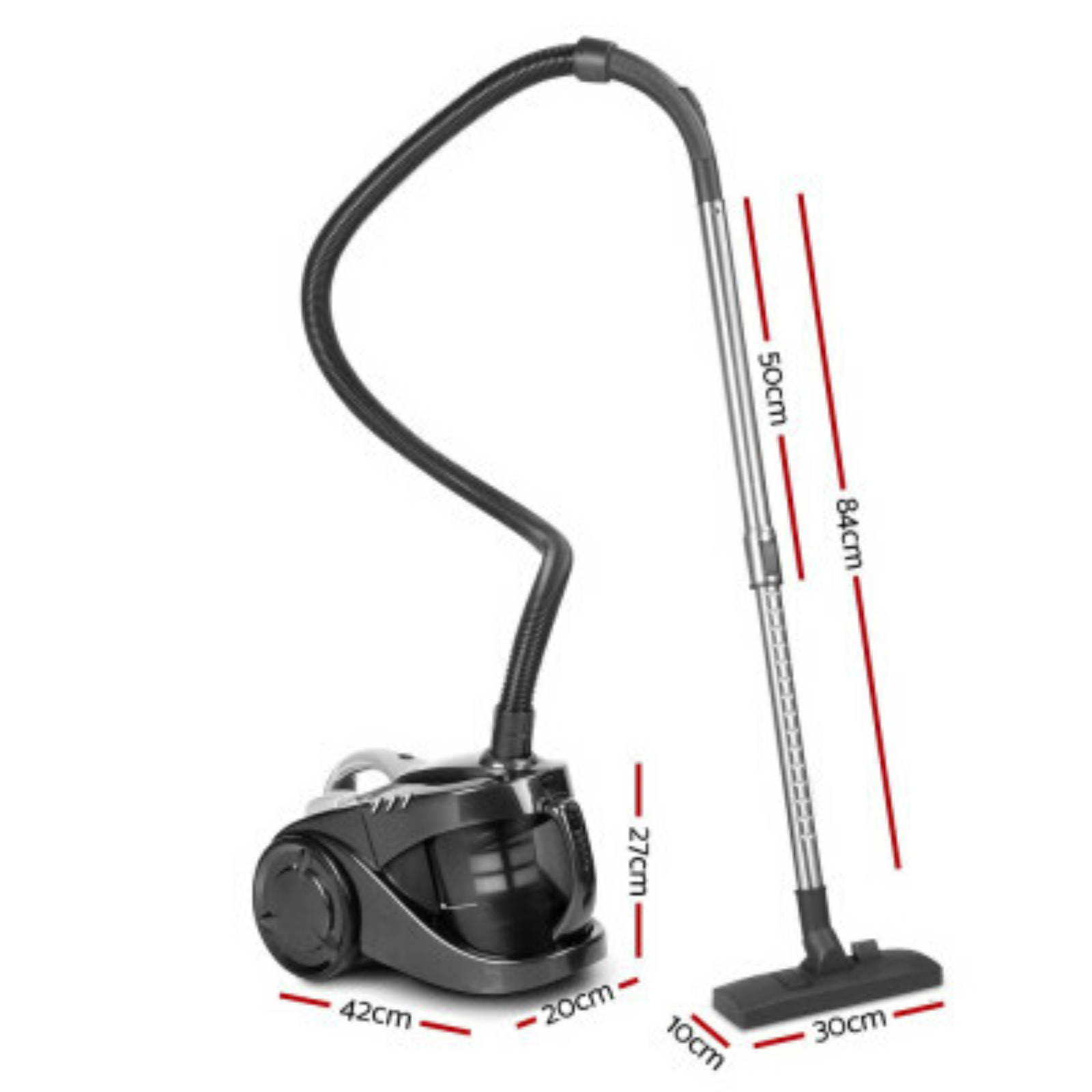 Bagless Vacuum Cleaner has dimensions of 42 x 20 x 27 cm for the vacuum and 30 x 10 x 84 cm for the stick handle