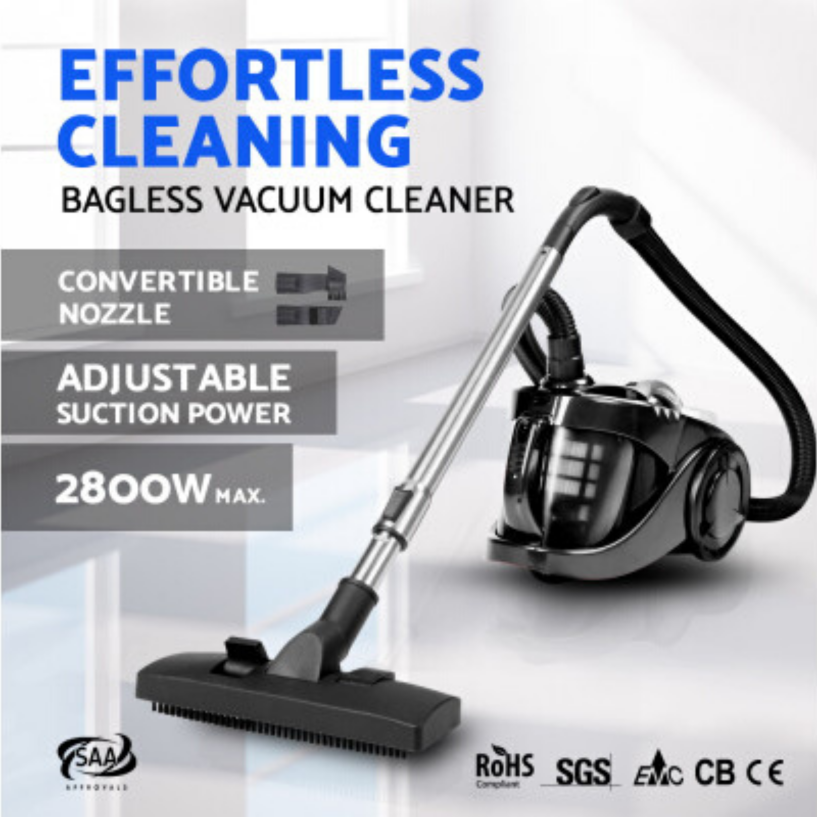 Bagless Vacuum Cleaner has effortless cleaning with convertible nozzle, adjustable suction power and maximum of 2800 Watts