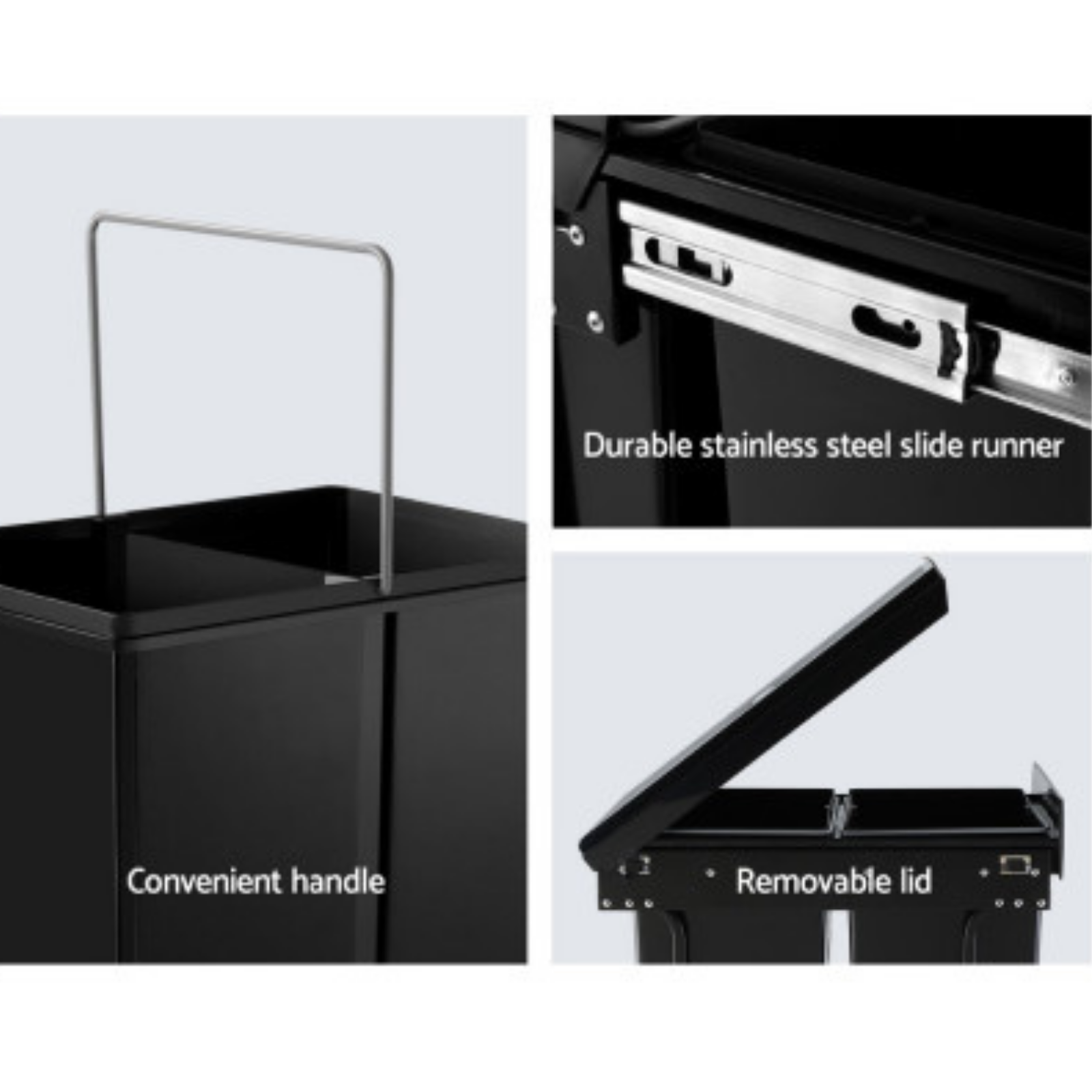 Cefito Dual Side Pull Out Bin has a removable lid, durable stainless steel slide runner & a convenient handle