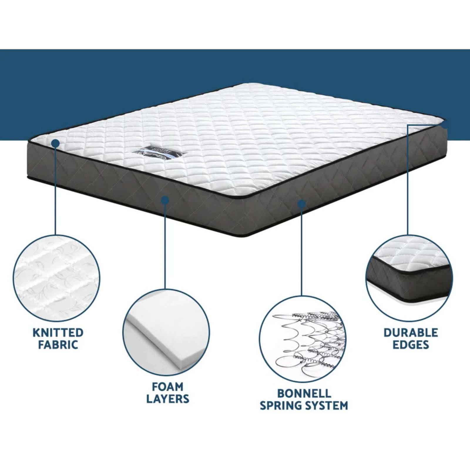 Giselle Bedding Alzbeta Spring Mattress has knitted fabric, foam layers, Bonnell spring system and durable edges