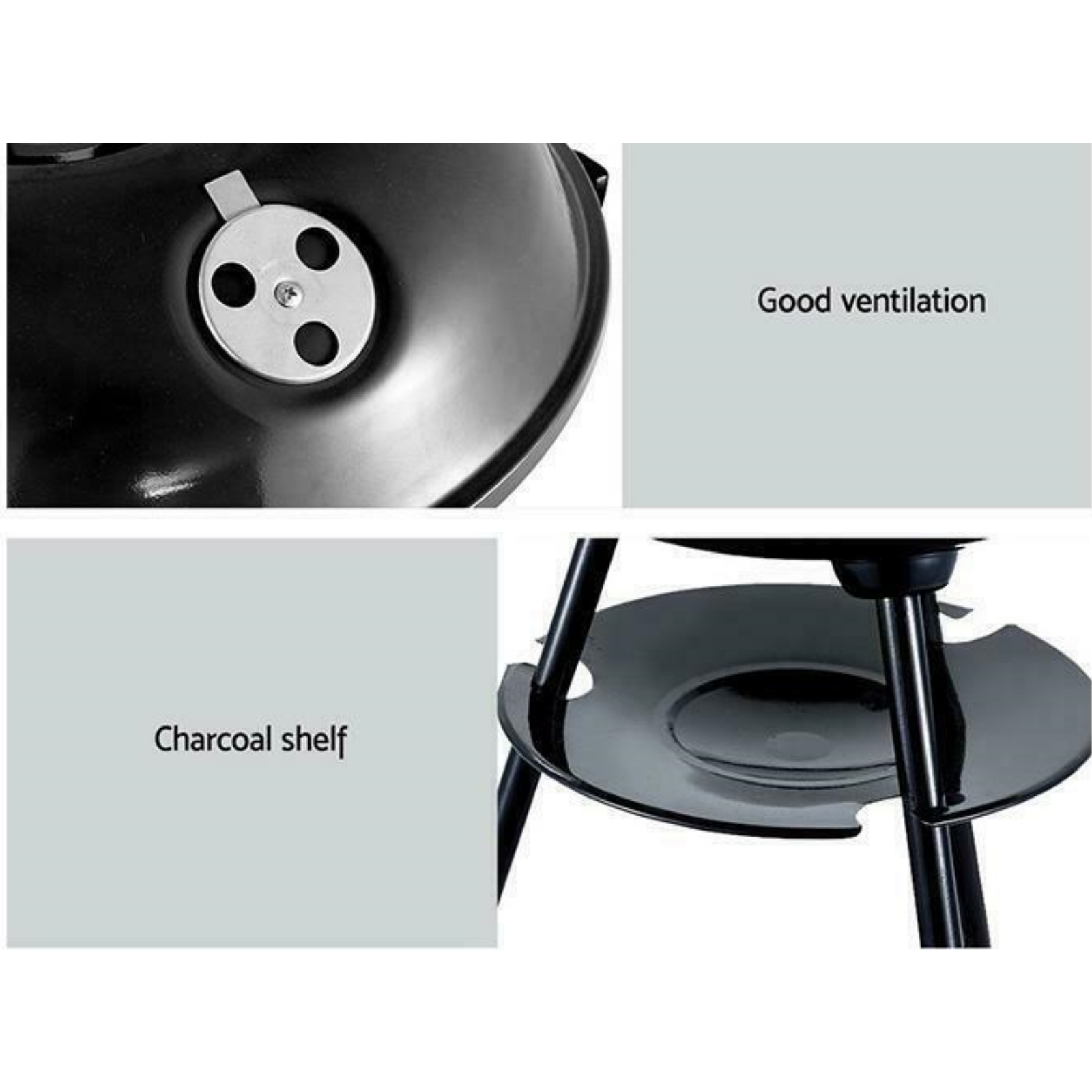 Grillz Charcoal BBQ Smoker has good ventilation, charcoal shelf, two-sided handles, deep base