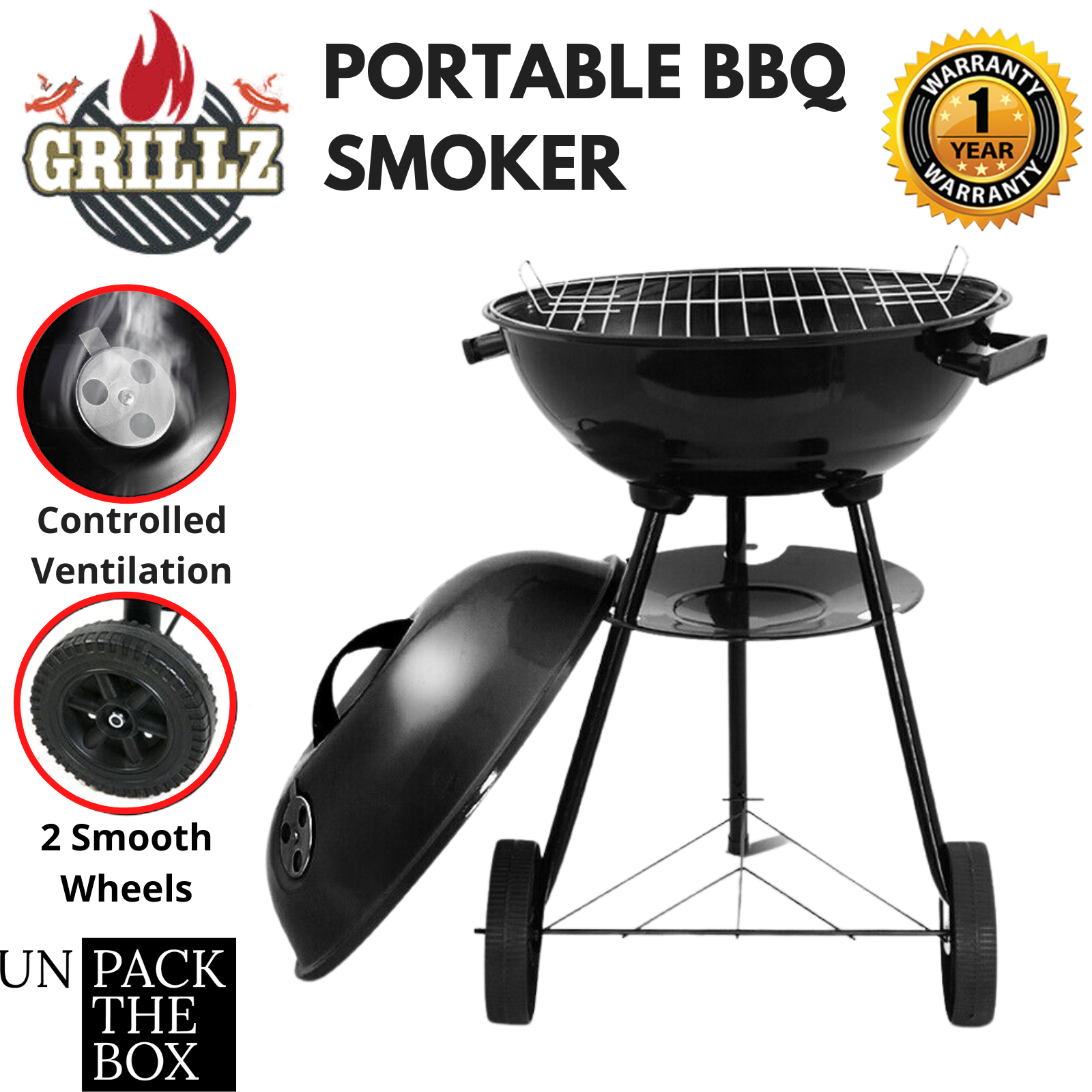 Grill and smoke your food in exceptional style with the outstanding Grillz Portable BBQ Smoker.