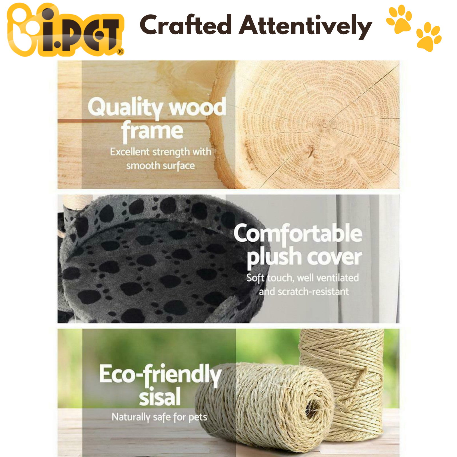 i.Pet Cat Scratching Post Tree features quality wood frame, comfortable plush cover and eco-friendly sisal