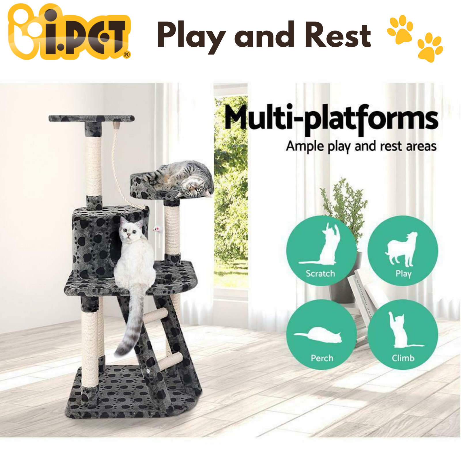 i.Pet Cat Scratching Post Tree has Multi-level design with ample play areas to climb, hide, play, search and scratch